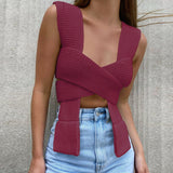 Knitted Crop Tops Sleeveless Pullover Bandage Sweater