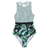 Striped Leafy One-Piece Swimsuit Sexy Cutout Monokini