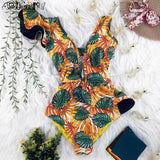 Sexy Print Deep V-Neck Swimsuit Ruffle Push Up Backless Monokini