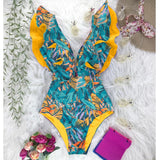 Sexy Print Deep V-Neck Swimsuit Ruffle Push Up Backless Monokini