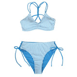 Stripe Strappy Bikini Sets Reversible Bottom Two Pieces Swimwear