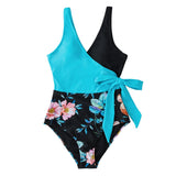 Color Block One-piece Swimsuit Patchwork Belt Bow Monokini