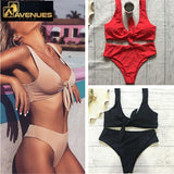 Chest Knotted Swimwear Solid Bikini Set