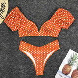 Polka Dots Mid Waist Bikini V Neck Two-Pieces Swimsuit