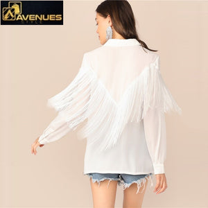 Women Long Sleeve Casual Solid White Blouse