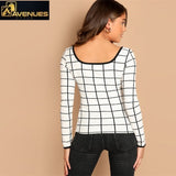 Women Contrast Binding Grid Scoop Neck Slim Fit Long Sleeve Tee