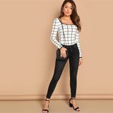 Women Contrast Binding Grid Scoop Neck Slim Fit Long Sleeve Tee