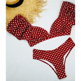 Polka Dots Mid Waist Bikini V Neck Two-Pieces Swimsuit