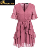 Women V-neck Polka Dot Chiffon Dress