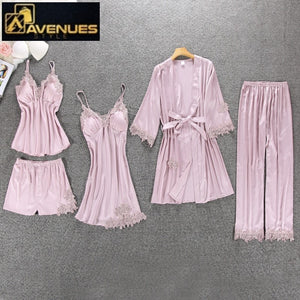 Women Pajamas 5 Pieces Satin Sleepwear