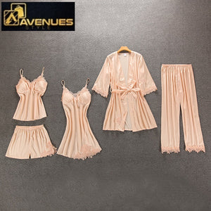 Women Pajamas 5 Pieces Satin Sleepwear