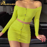 Women's Fashion Buttons Long Sleeve Crop Top Mini Skirt Two Pieces Sets