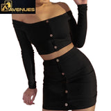 Women's Fashion Buttons Long Sleeve Crop Top Mini Skirt Two Pieces Sets