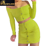 Women's Fashion Buttons Long Sleeve Crop Top Mini Skirt Two Pieces Sets