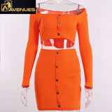 Women's Fashion Buttons Long Sleeve Crop Top Mini Skirt Two Pieces Sets