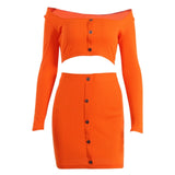 Women's Fashion Buttons Long Sleeve Crop Top Mini Skirt Two Pieces Sets