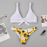 Chest Knotted Swimwear Solid Bikini Set