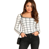 Women Contrast Binding Grid Scoop Neck Slim Fit Long Sleeve Tee