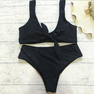 Chest Knotted Swimwear Solid Bikini Set