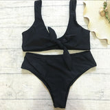 Chest Knotted Swimwear Solid Bikini Set