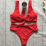 Chest Knotted Swimwear Solid Bikini Set